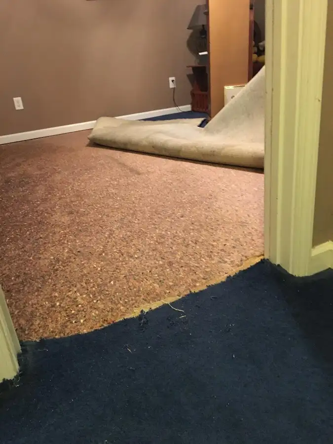 Carpet pad removal revealing water damage during Drying & Dehumidification in Forest Acres
